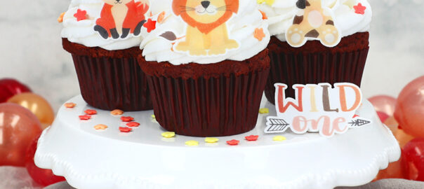 Cupcakes dekoriert mit Löwen-, Fuchs- und Giraffenaufleger