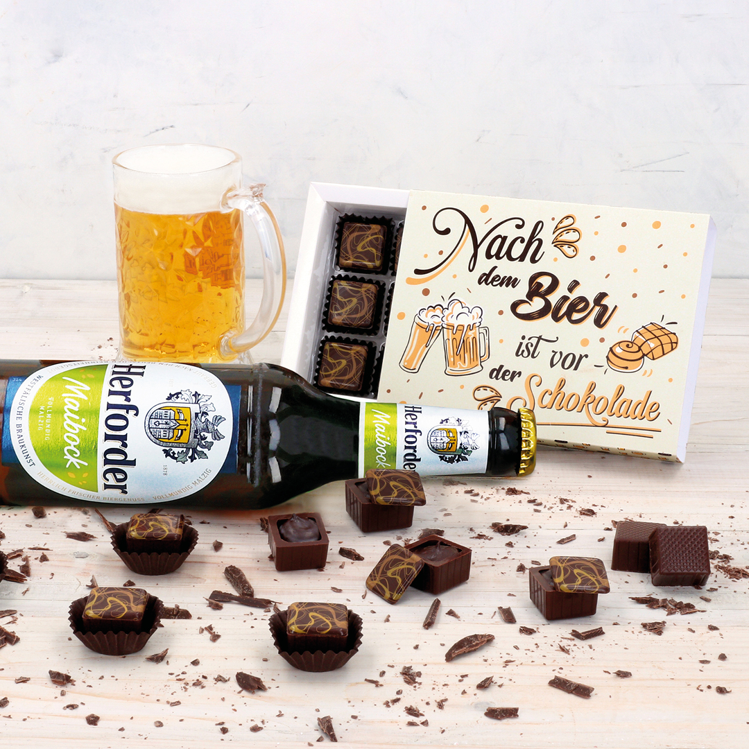 Das Bild zeigt ein Pralinenset mit Bierpralinen
