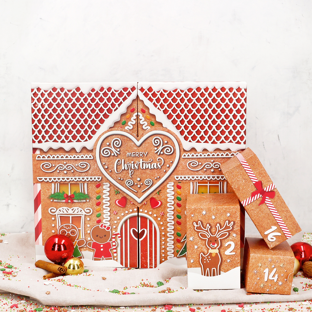 Das Bild zeigt einen Adventskalender im Lebkuchenhausstil